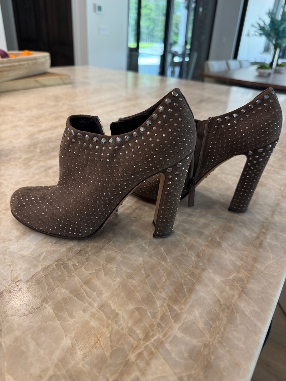 Studded Gray-Brown Suede High-Heel Ankle Booties